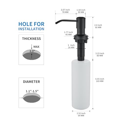 DOILIESE Built in Soap Dispenser for Kitchen Sink, Matte Black Stainless Steel Countertop Pump Head, Dish Soap Hand Lotion Dispenser with Refillable 17OZ Bottle - Image 5