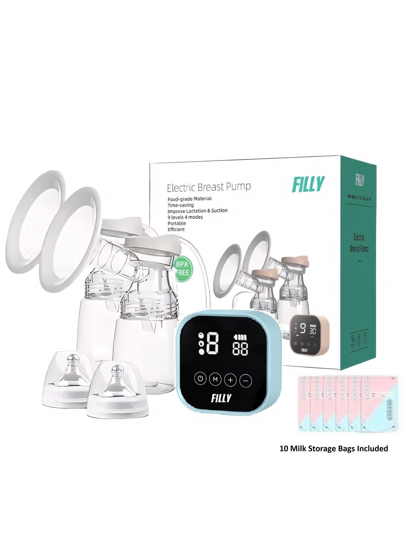 Filly Electric Double Breast Pump with Lactation Function Wearable Hands Free Electric Automatic Breastfeeding Breast Pump with added 250 ml milk storage bags 10 pieces