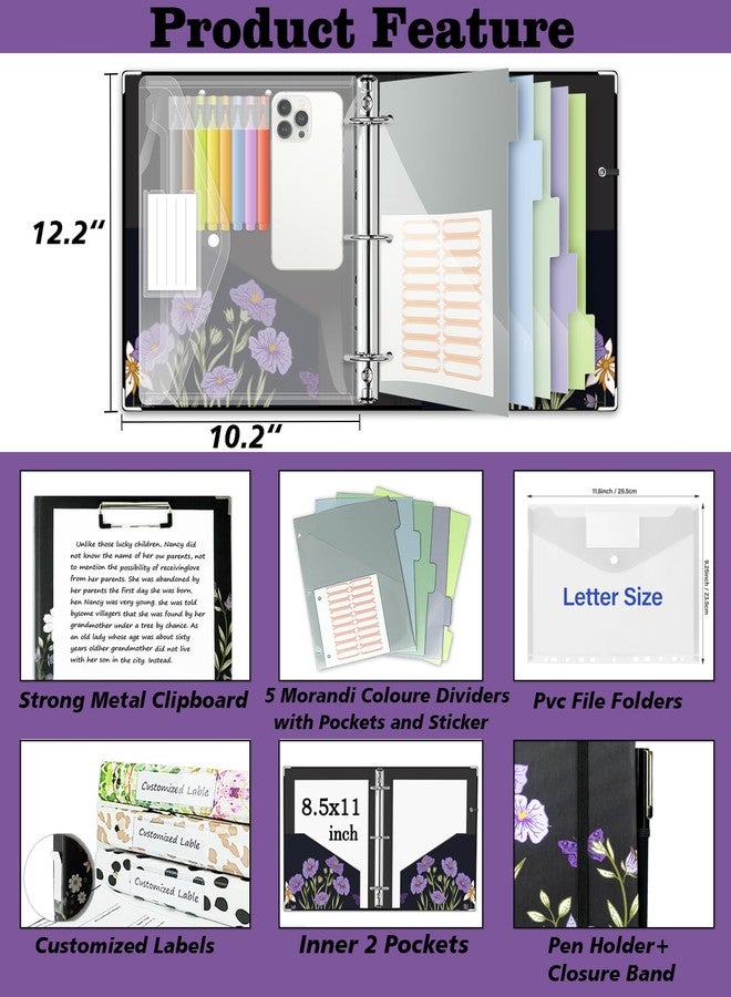 BVSSX 3 Ring Binder 1 Inch, Three Ring Binder Organizer with Clipboard, 5-Tabs Pockets Dividers, Plastic Folder, 18 Divider Stikers, Pretty Binder with Pen Loop (Black Weeds, Letter Size) - Image 2