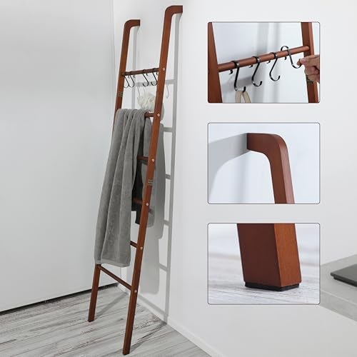 Taozun 6-Tier Wood Blanket Ladder for Living Room, Rustic Wooden Farmhouse Quilt Ladder with 4 S-hooks, 66-Inch Wall Leaning Throw Towel Rack, Space-Saving and Blanket Disply Rackfor Bedroom, Bathroom - Image 3