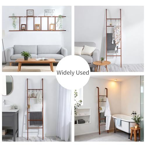 Taozun 6-Tier Wood Blanket Ladder for Living Room, Rustic Wooden Farmhouse Quilt Ladder with 4 S-hooks, 66-Inch Wall Leaning Throw Towel Rack, Space-Saving and Blanket Disply Rackfor Bedroom, Bathroom - Image 5