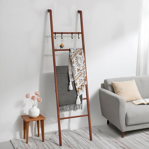 Taozun 6-Tier Wood Blanket Ladder for Living Room, Rustic Wooden Farmhouse Quilt Ladder with 4 S-hooks, 66-Inch Wall Leaning Throw Towel Rack, Space-Saving and Blanket Disply Rackfor Bedroom, Bathroom - Image 1