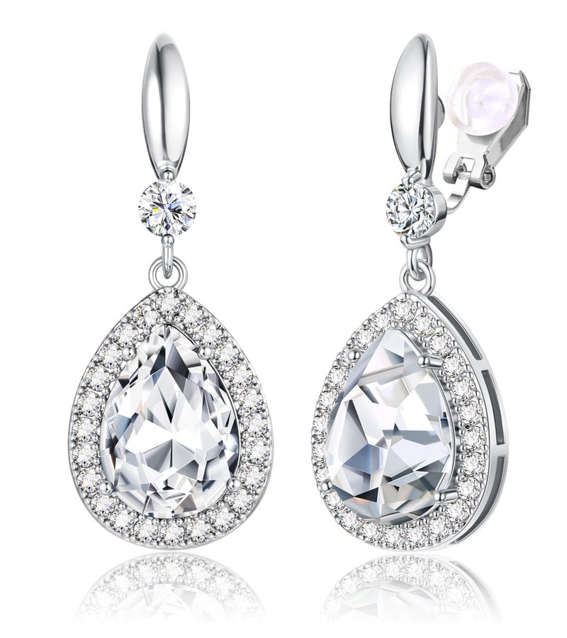 THUNARAZ Elegant Clip on Earrings for Women Sparkling Teardrop Dangle Clip Earrings Non-Pierced Clear Rhinestone Cubic Zirconia Wedding Prom Jewelry Silver Tone - Image 1