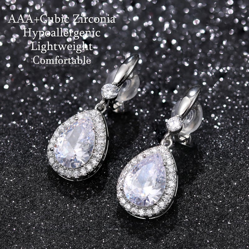 THUNARAZ Elegant Clip on Earrings for Women Sparkling Teardrop Dangle Clip Earrings Non-Pierced Clear Rhinestone Cubic Zirconia Wedding Prom Jewelry Silver Tone - Image 2