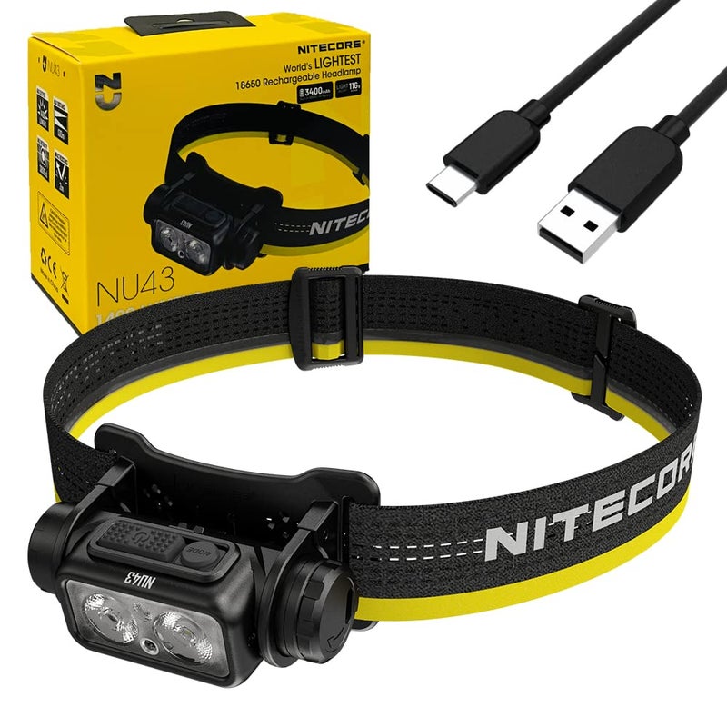 NITECORE مصباح رأس قابل لإعادة الشحن Nitecore NU43 خفيف الوزن 1400 لومن مع كابل شحن USBC EcoSensa متضمن