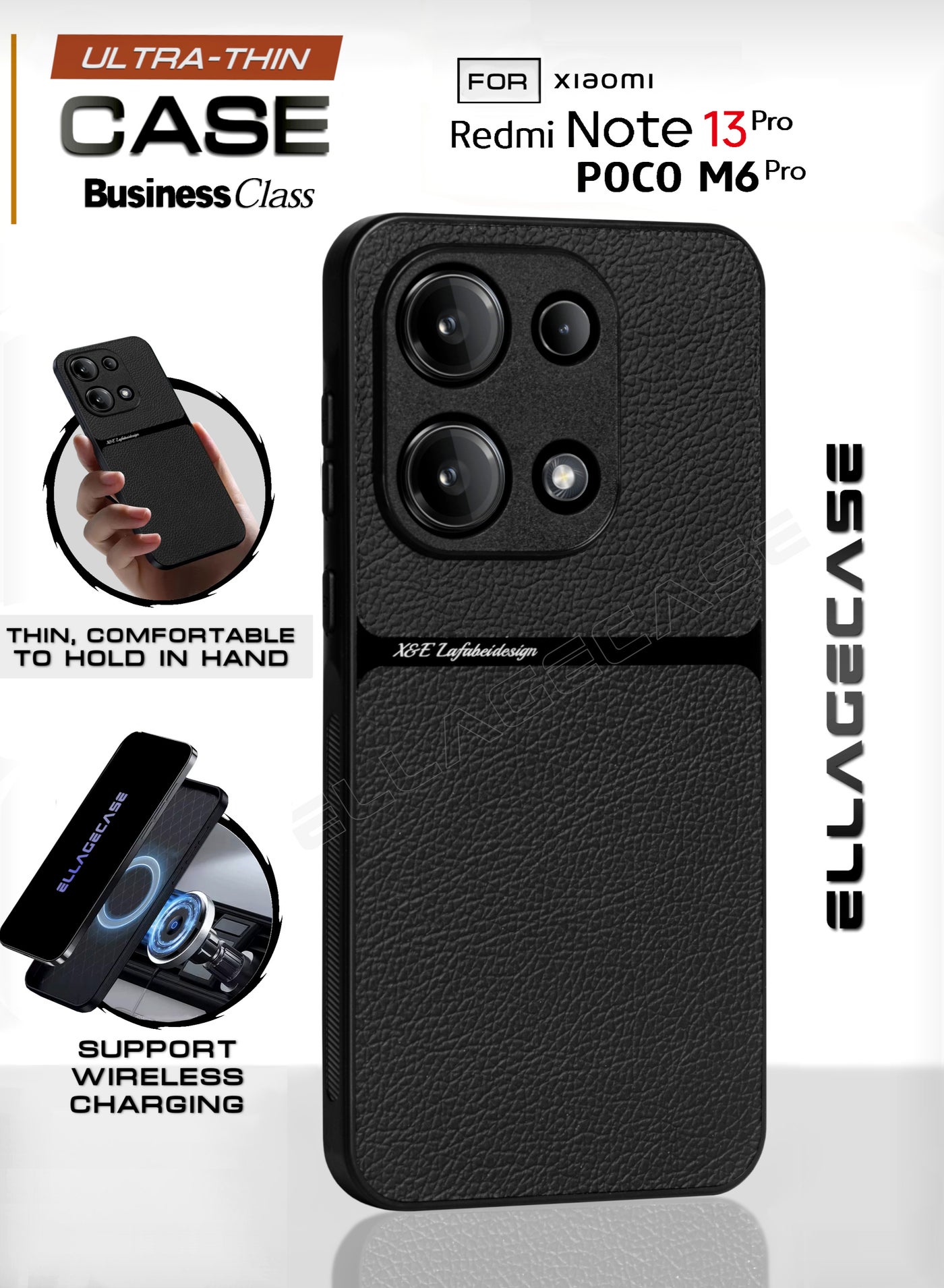 ELLAGECASE Business Class Case for Xiaomi Redmi Note 13 Pro 4G / Poco M6 Pro 4G, Ultra-Thin, Built-in Magnetic Plate, Wireless Charging, Shockproof, Full Camera Lens Protection