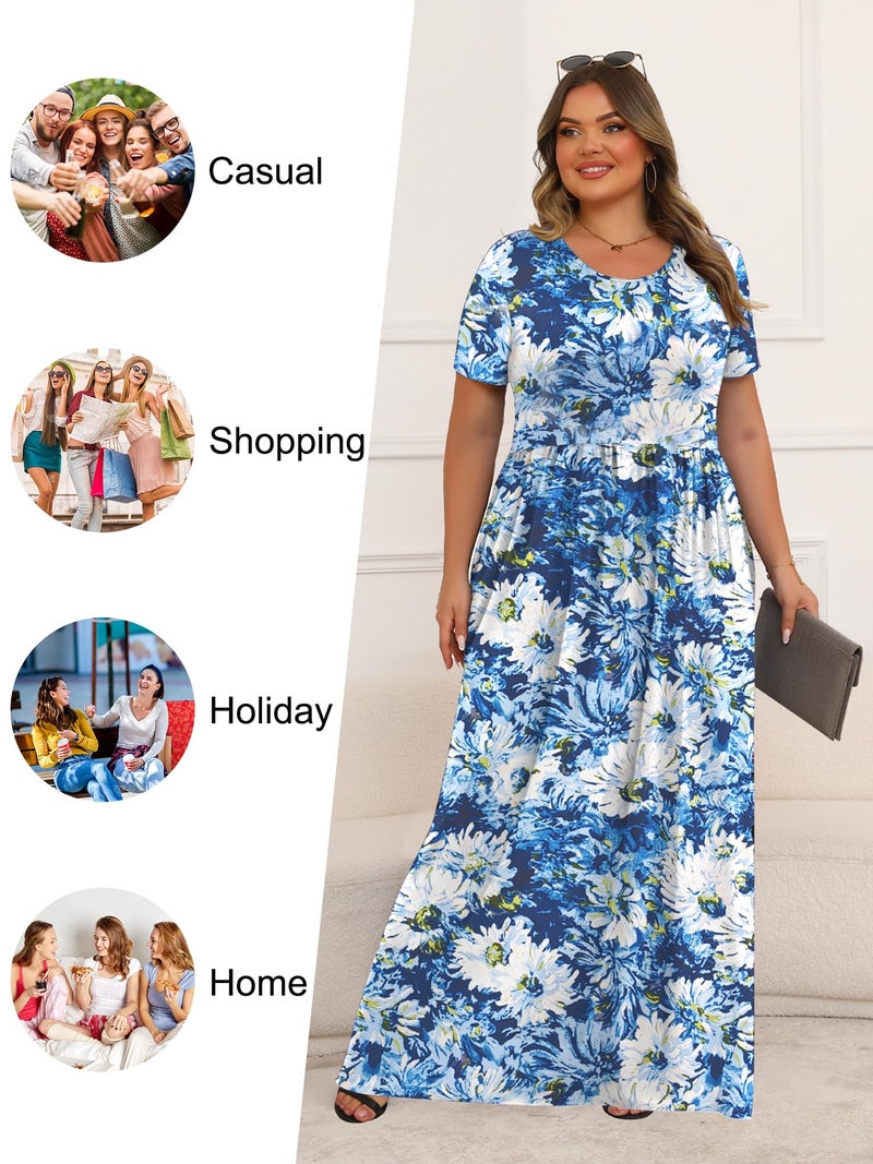 Tencede Womens Plus Size Maxi Dresses Summer 2026 Casual Short Sleeve with Pockets Long Dress Black Blue Leaves 4X - Image 5