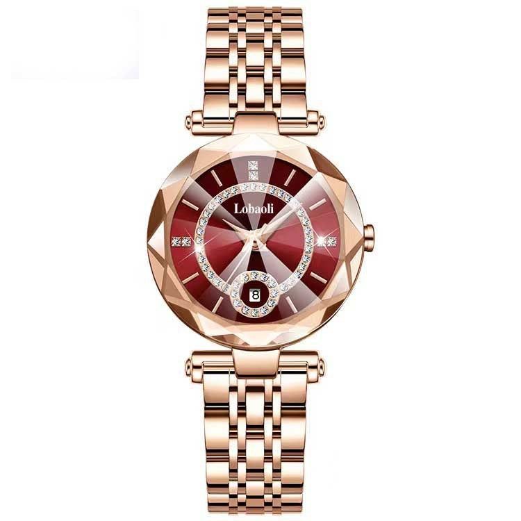 Trendy Quartz Watch Retro Ladies DiamondCalendar Red Steel Belt Calendar Calendar Red Steel Belt Calendar