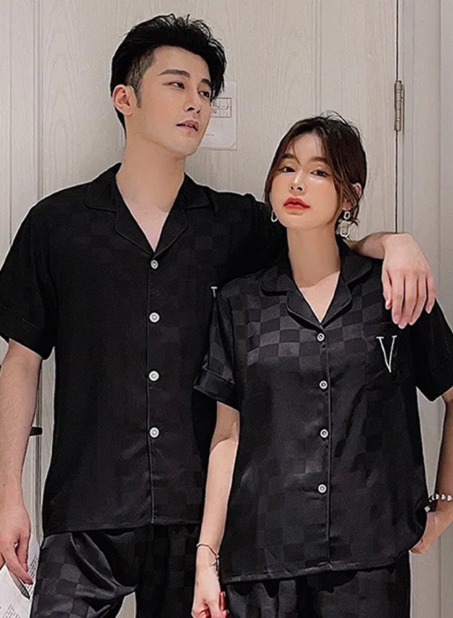 MARGOUN Pajama XL Men XL Women Pajamas Houndstooth Ice Silk Homewear Sleep Suit Nightwear Short Sleeve Sleepwear Black  - Image 1