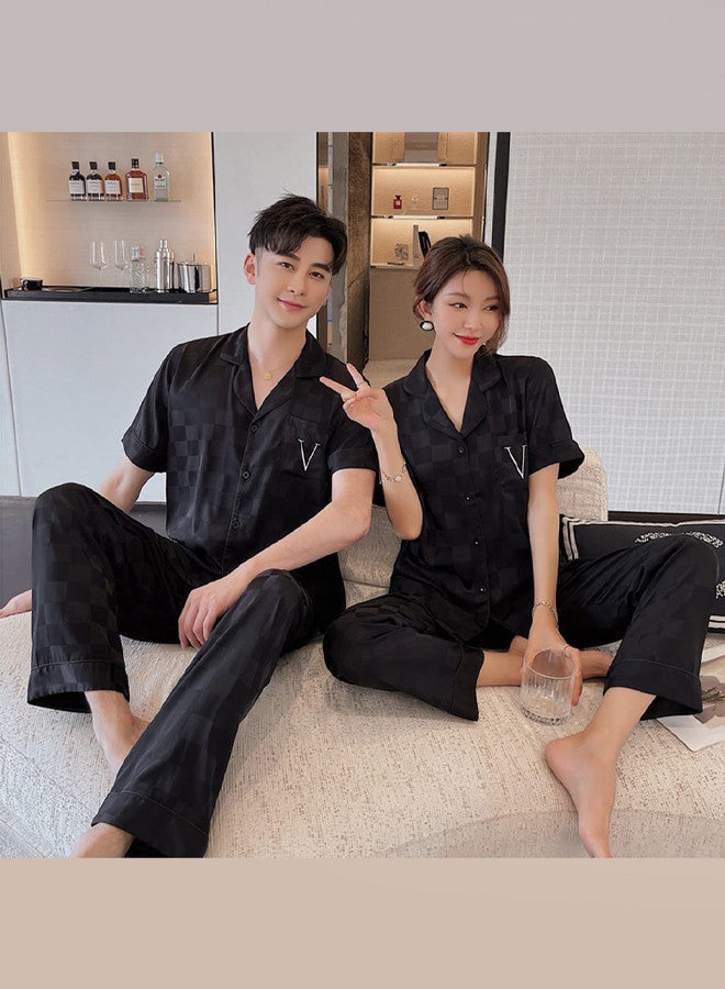 MARGOUN Pajama XL Men XL Women Pajamas Houndstooth Ice Silk Homewear Sleep Suit Nightwear Short Sleeve Sleepwear Black  - Image 3