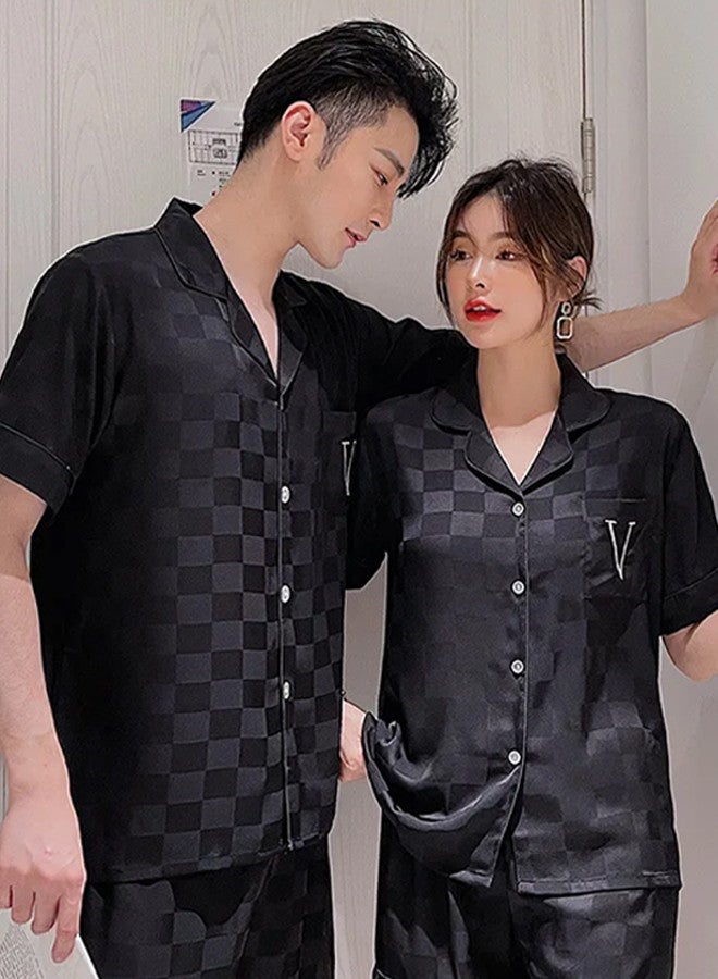MARGOUN Pajama XL Men XL Women Pajamas Houndstooth Ice Silk Homewear Sleep Suit Nightwear Short Sleeve Sleepwear Black  - Image 2