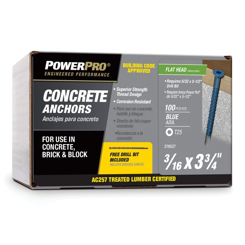 Power Pro Blue FlatHead Concrete Screw Anchors 316 x 334 100 pc