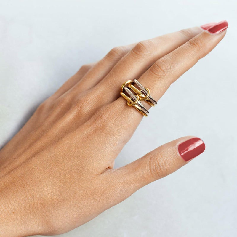 Goenjoy 14K Gold Plated Interlocked Stackable Rings for Women, Statement Multi Ring Mixed Metals Stack, Two-Toned interlocking rings Stacking Jewelry - Image 2