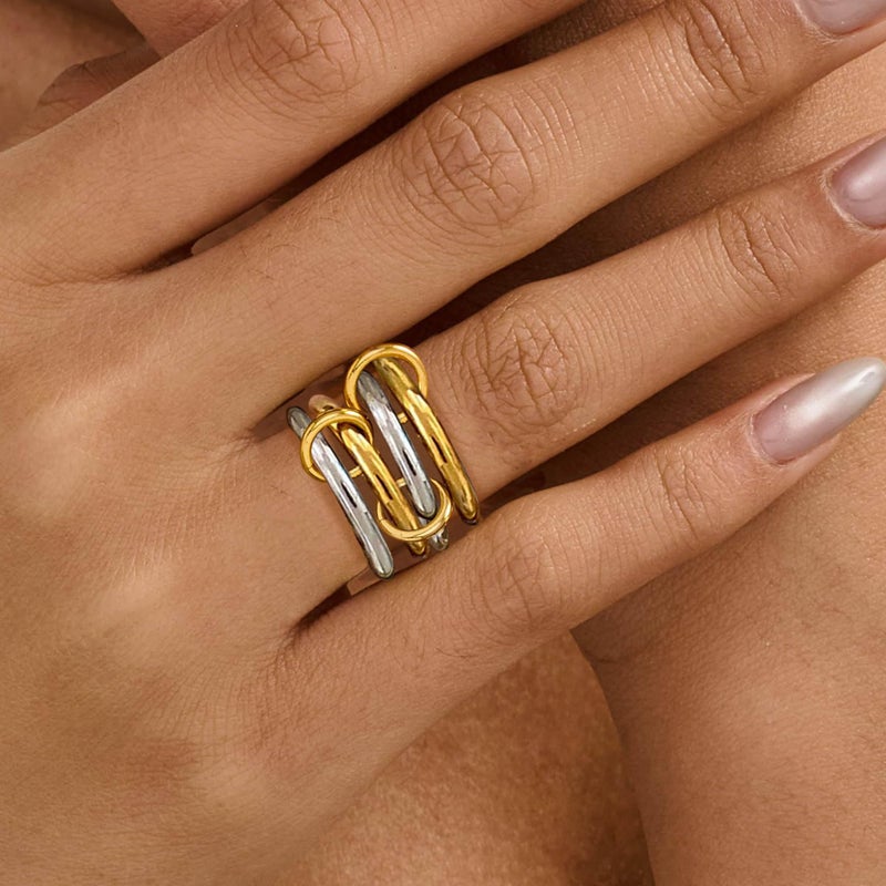 Goenjoy 14K Gold Plated Interlocked Stackable Rings for Women, Statement Multi Ring Mixed Metals Stack, Two-Toned interlocking rings Stacking Jewelry - Image 3