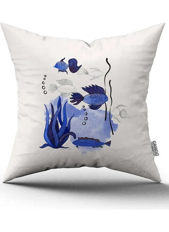 Cango Home Double Sided White Blue Fish Marine Patterned Digital Printed Throw Pillow Cover CGH1122