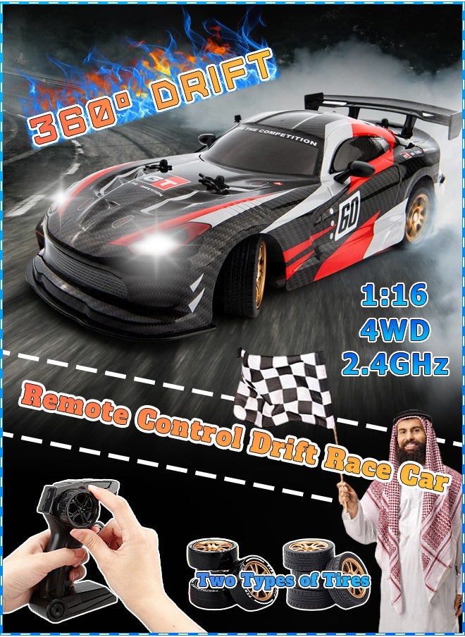 Remote Control Race Car - 1:16 RC Drift Car - High Speed Vehicle Toy - 4WD, 360 Degree Drift, 2.4Ghz, Strong Power, 2 Sets of Tires 