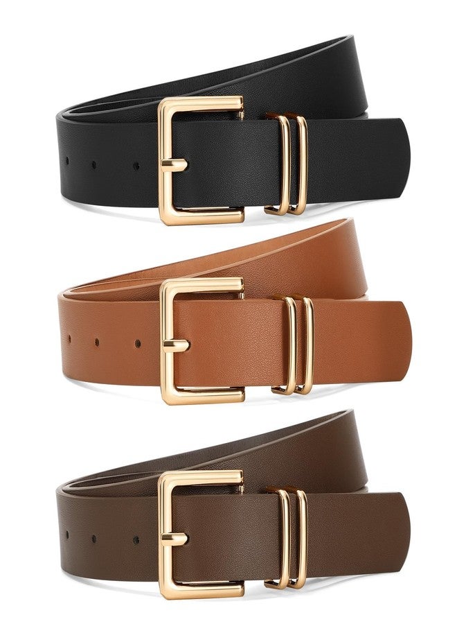 SANSTHS 3 PACK Women Leather Belts for Jeans Pants Dresses Fashion Ladies Waist Belt with Gold Square Buckle,Black Brown Coffee,S - Image 1