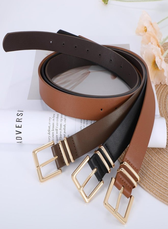 SANSTHS 3 PACK Women Leather Belts for Jeans Pants Dresses Fashion Ladies Waist Belt with Gold Square Buckle,Black Brown Coffee,S - Image 2