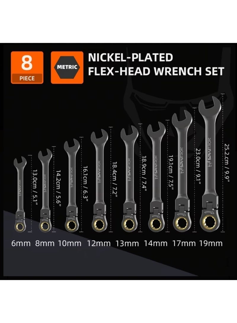 SPAITRON 8-Piece Flex-Head Ratcheting Wrench Set, Metric (6-19mm) - 180° Swivel Head, 72-Teeth CR-V Steel Gear Spanners with Nickel-Plated Anti-Rust Finish and Storage Bag for Automotive & Home Repair - Image 3