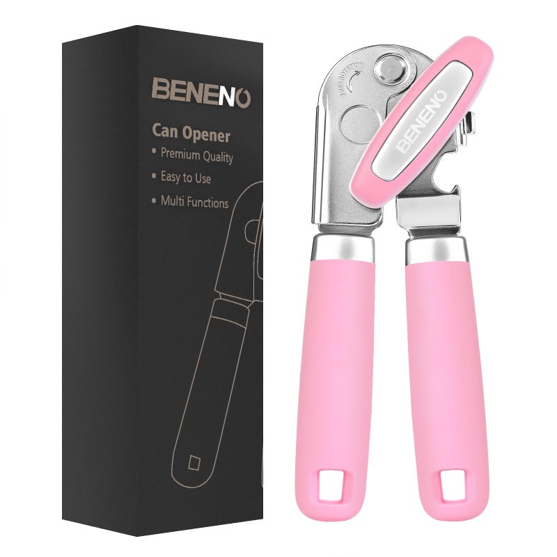 Beneno Heavy Duty Hand Can Opener Manual with Magnet Durable Sharp Carbon Steel Blade Smooth Cutting Big EffortSaving Knob Soft Grip Handle Multifunctional Kitchen Tool with Bottle Opener Pink