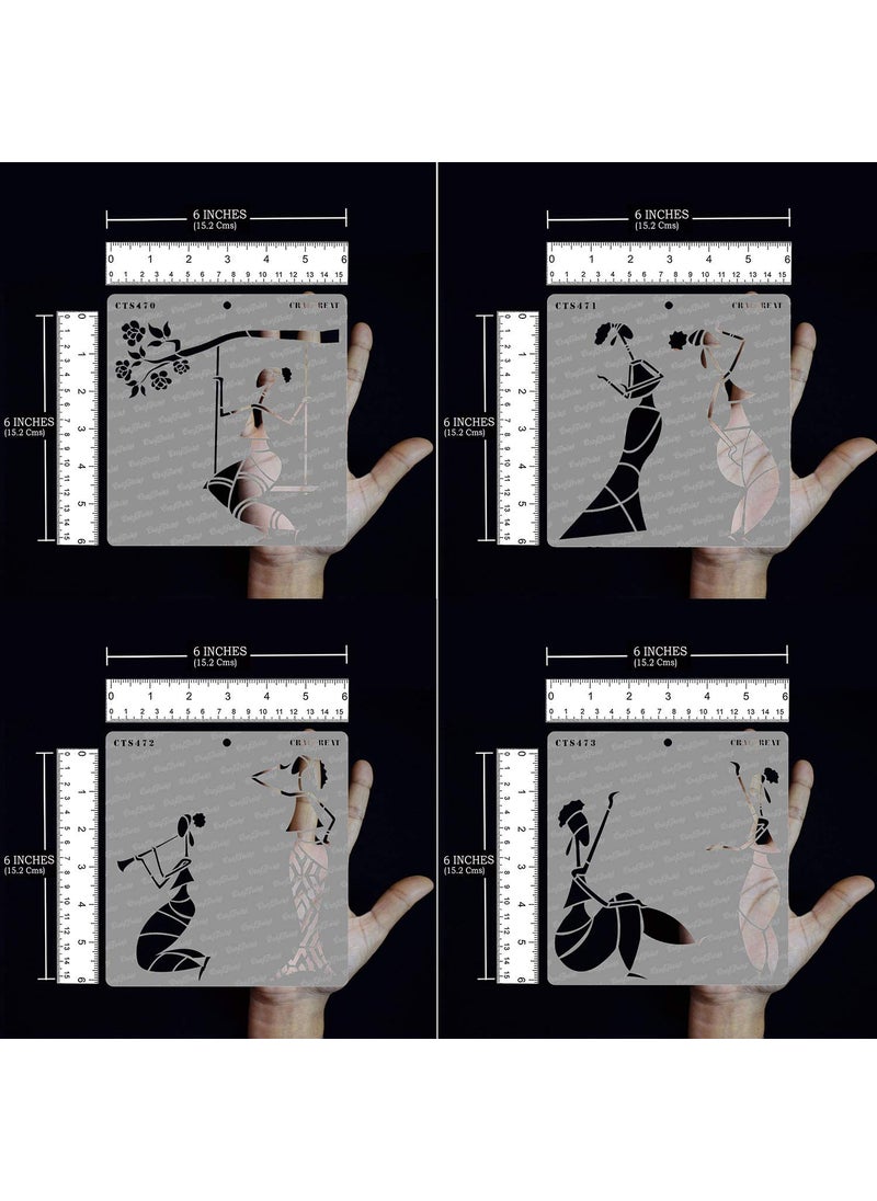 CrafTreat Craftreat Tribal Art Stencils for Craft - Sitting on a Swing, Dancing, Enjoying Music and Holding Clock - 6X6 Inches - 4 Pcs - Reusable DIY Stencils for Painting - Women Stencil  - Image 3