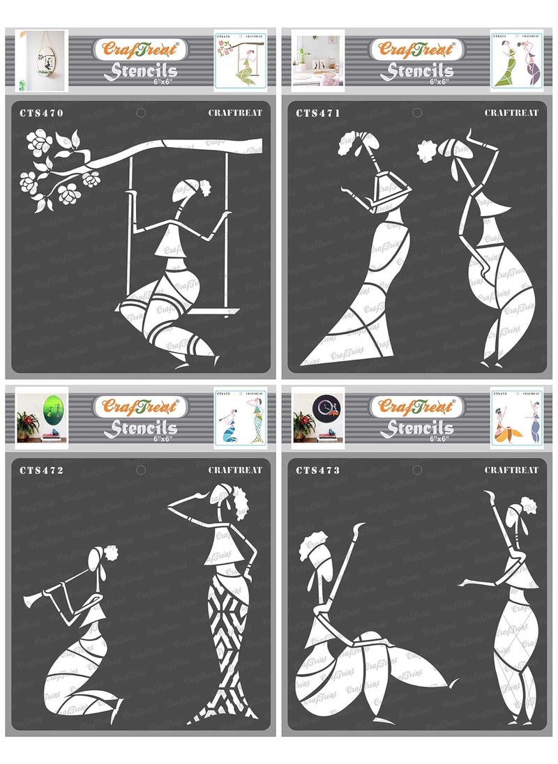CrafTreat Craftreat Tribal Art Stencils for Craft - Sitting on a Swing, Dancing, Enjoying Music and Holding Clock - 6X6 Inches - 4 Pcs - Reusable DIY Stencils for Painting - Women Stencil  - Image 1