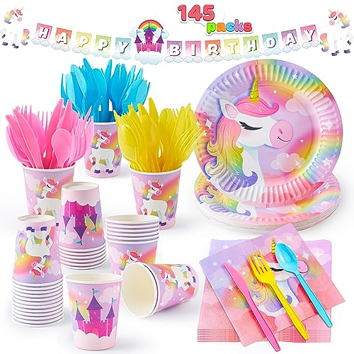 JOYIN مجموعة لوازم حفلة عيد ميلاد يونيكورن من JOYIN 145 قطعة مع لافتة يونيكورن للبنات، مجموعة أدوات مائدة يونيكورن القابلة للتصرف لـ 24 شخص مع أطباق، أكواب، مناديل، ومجموعات أدوات المائدة لحفلات يونيكورن للأطفال - Image 1