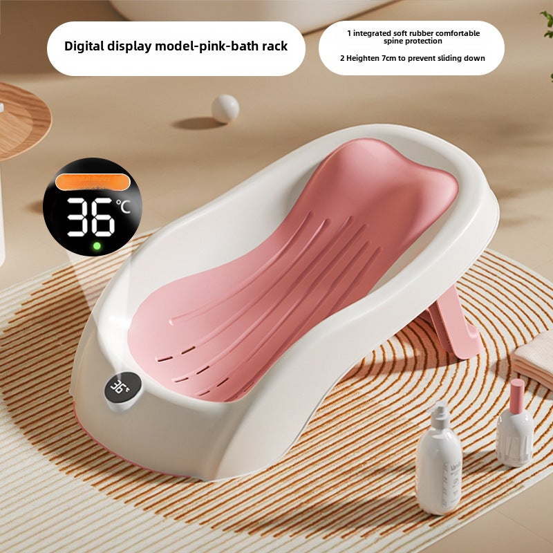 Baby Bath Net, Newborn Sitting and Lying Support Artifact, Baby Bathtub, Universal Bath Bed Support, Non-Slip Mat, Temperature-Sensing Bath Stand(LF-folding bath rack [pink]-digital display temperature) - Image 1