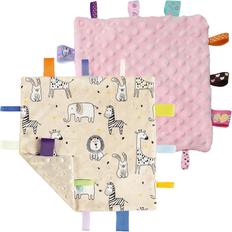 CREVENT Tag Security Blankets for Babies, Soft Small Loveys for Boys, Baby Comforter Sensory Blanket, Great Gifts for Birthday Baby Shower (10"X10" Zoo + Pink) - Image 1