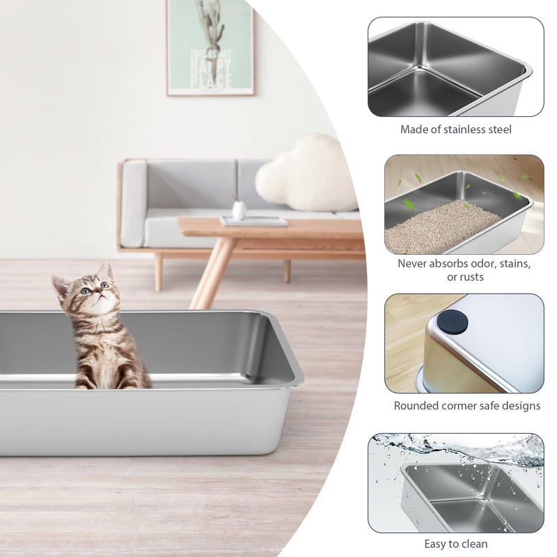 WENBOKMIN Stainless Steel Cat Litter Box - Litter Box for Cats - Easy to Clean, Never Absorbs Odor, Stains, or Rusts - Silver (17.7" L x 13.5" W x 4" H) - Image 3