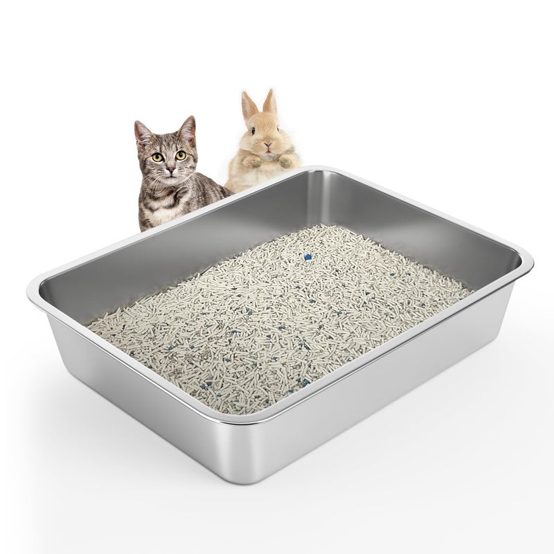 WENBOKMIN Stainless Steel Cat Litter Box - Litter Box for Cats - Easy to Clean, Never Absorbs Odor, Stains, or Rusts - Silver (17.7" L x 13.5" W x 4" H) - Image 1