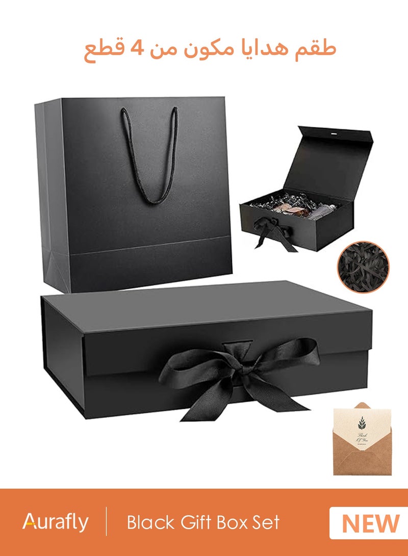 أورافلي مجموعة علب هدايا مغناطيسية فاخرة، علبة هدايا سوداء كبيرة فارغة مع حقيبة حمل سوداء، شريط، بطاقات تهنئة، حشو من الورق الممزق، قابلة للطي للهدايا مع غطاء، مناسبة للمهرجانات، أعياد الميلاد، عيد الحب، حفلات الزفاف، رمضان، الذكرى السنوية (أسود، 29 × 22 × 10.5 سم) - Image 1
