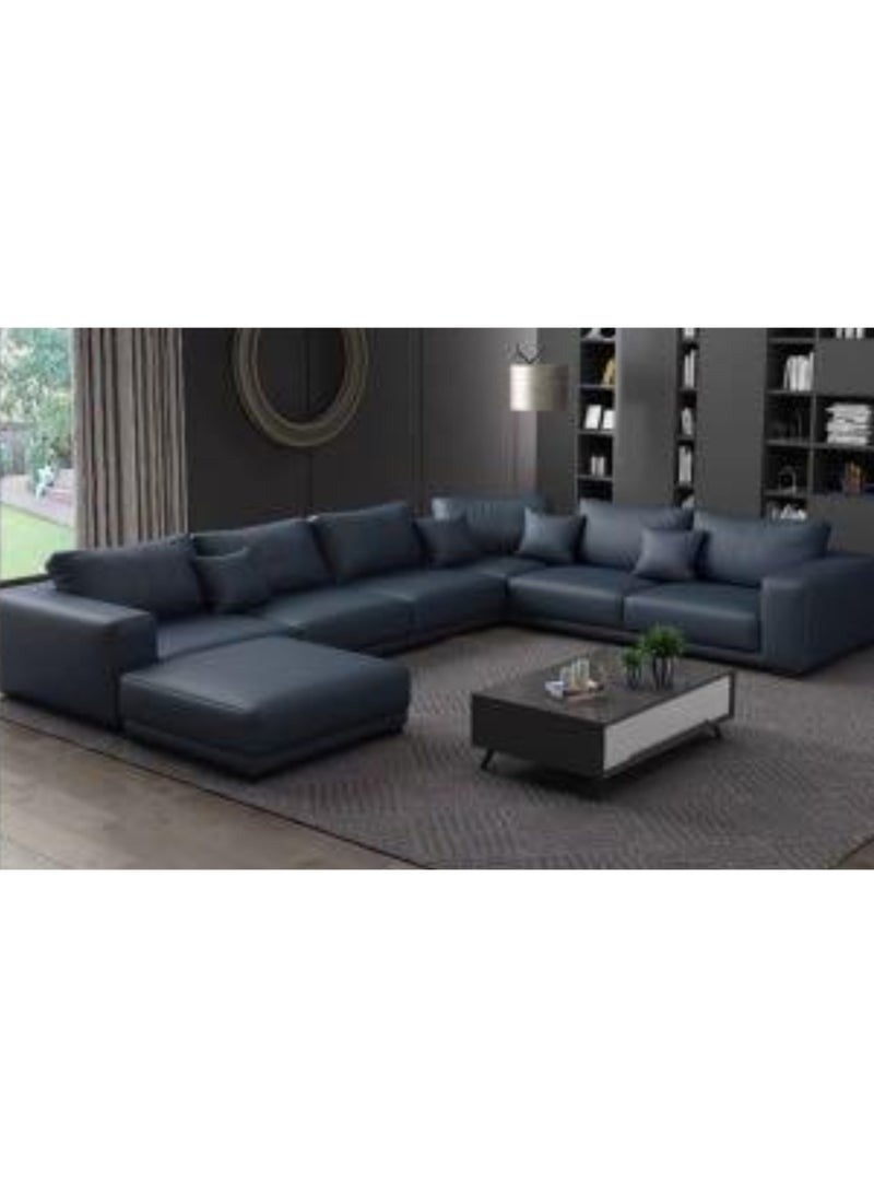 الزخارف للمفروشات كنبة ريم زاوية على شكل U، 6 مقاعد مع عثمانية، تنجيد جلد فاخر، هيكل خشبي متين، أثاث غرفة معيشة عصري فاخر – لون أزرق داكن - Image 1