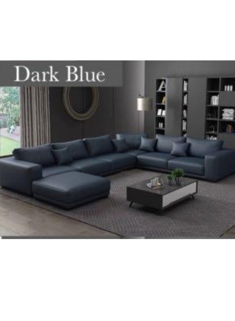 الزخارف للمفروشات كنبة ريم زاوية على شكل U، 6 مقاعد مع عثمانية، تنجيد جلد فاخر، هيكل خشبي متين، أثاث غرفة معيشة عصري فاخر – لون أزرق داكن - Image 3