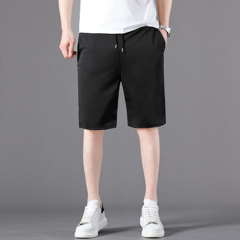 Mens Five-Quarter Shorts Thin Casual Sports Loose Beach Elastic Quick Dry Mid-Length Pants Polyester Fiber Summer Wear Interwoven five black 