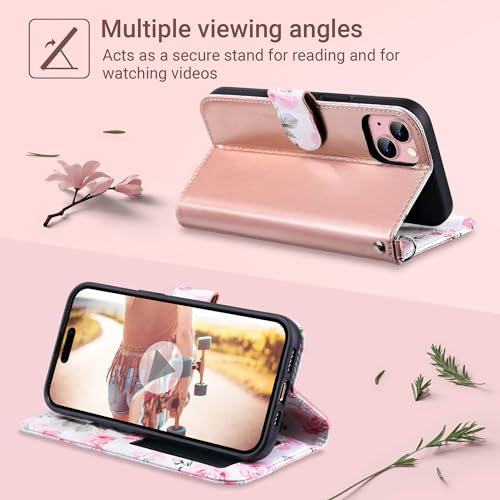 ULAK Compatible with iPhone 15 Wallet Case for Women, Premium PU Leather Floral Flip Cover with Card Holder, Kickstand Feature Protective Purse Case for iPhone 15 2023 6.1 Inch, Rose Gold - Image 3