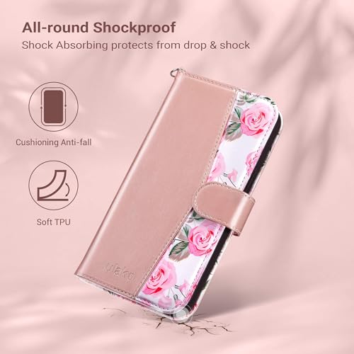 ULAK Compatible with iPhone 15 Wallet Case for Women, Premium PU Leather Floral Flip Cover with Card Holder, Kickstand Feature Protective Purse Case for iPhone 15 2023 6.1 Inch, Rose Gold - Image 5
