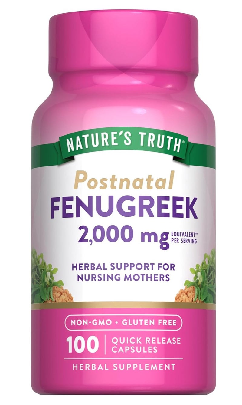 Nature's Truth Postnatal Fenugreek 2000mg Capsules – Herbal Support for Nursing Mothers, Non-GMO, Gluten Free, 100 Quick Release Capsules - Image 1