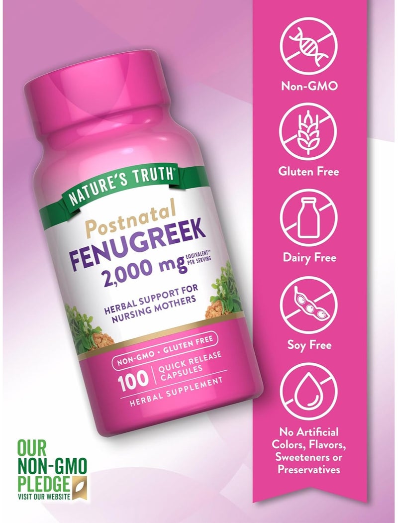 Nature's Truth Postnatal Fenugreek 2000mg Capsules – Herbal Support for Nursing Mothers, Non-GMO, Gluten Free, 100 Quick Release Capsules - Image 2