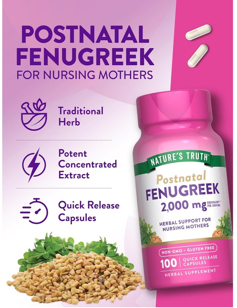 Nature's Truth Postnatal Fenugreek 2000mg Capsules – Herbal Support for Nursing Mothers, Non-GMO, Gluten Free, 100 Quick Release Capsules - Image 3