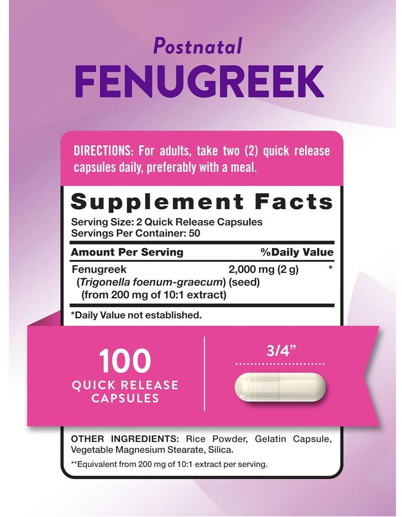 Nature's Truth Postnatal Fenugreek 2000mg Capsules – Herbal Support for Nursing Mothers, Non-GMO, Gluten Free, 100 Quick Release Capsules - Image 4
