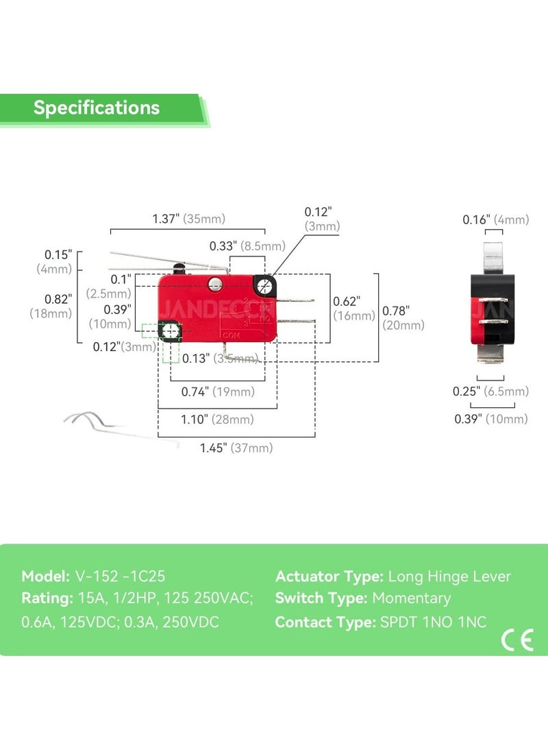 10 قطع مفتاح حد رافعة مفصلية، SPDT 1NO 1NC مفتاح ميكرو سريع العمل V-152-1C25 - Image 4