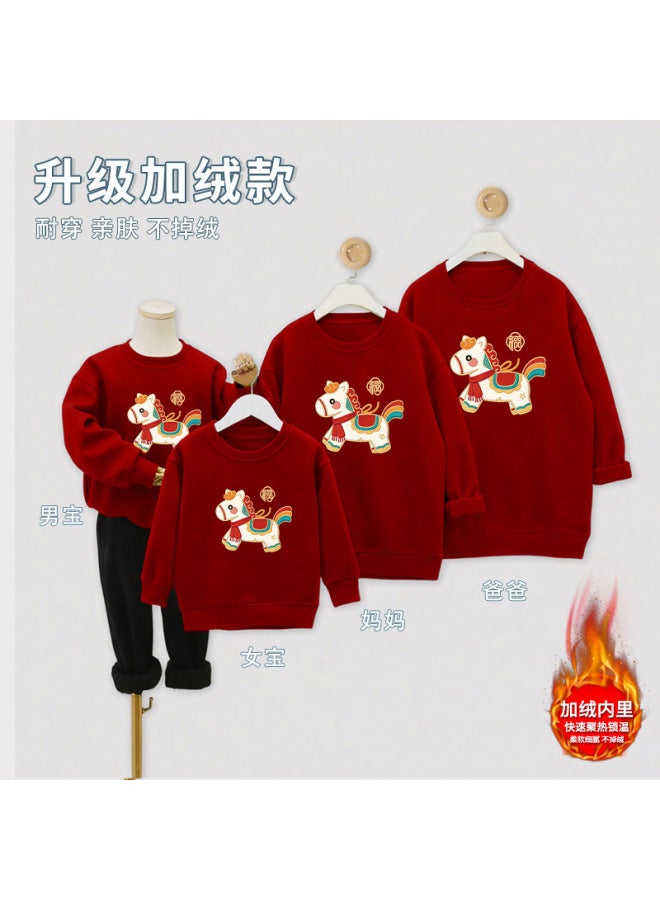 Red Family Matching Sweatshirts For The Year Of The Horse, Winter Outfits For A Family Of Three Or Four, Baby Rompers For New Year Celebrations