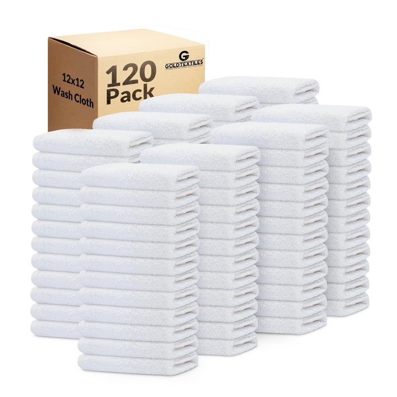 GOLD TEXTILES GOLD TEXTILES 120 Pack Economy White Washcloths Set 12x12 inches  Cotton Blend Commercial Grade Cleaning Rags Quick Drying  Soft Face Cloths Fingertip Towels for Bathroom Spa Gym and Kitchen 