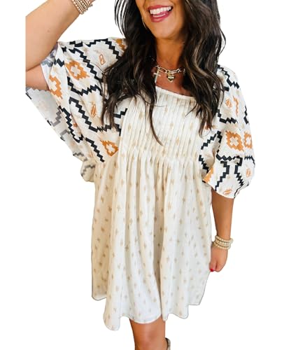 SELINK Womens A-Line Summer Flowy Pleated Casual Dresses Short Sleeve Square Neck Western Aztec Beige-M - Image 1