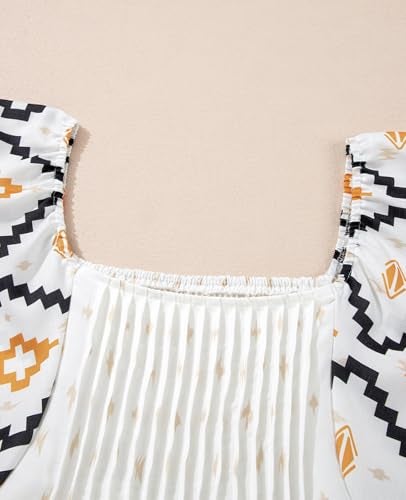 SELINK Womens A-Line Summer Flowy Pleated Casual Dresses Short Sleeve Square Neck Western Aztec Beige-M - Image 5