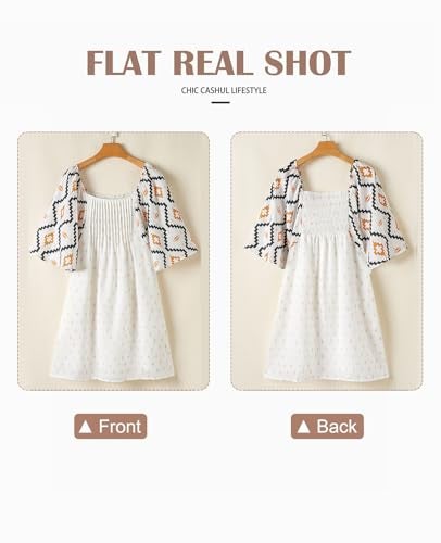 SELINK Womens A-Line Summer Flowy Pleated Casual Dresses Short Sleeve Square Neck Western Aztec Beige-M - Image 4