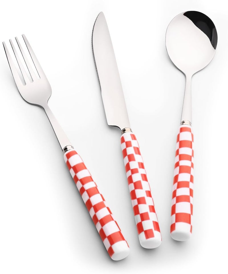 Koythin 3Piece Cutlery Set Stainless Steel Flatware Sets with Red Checkerboard Pattern Ceramic Handle Utensils including Knife Fork Spoon Red - Image 1