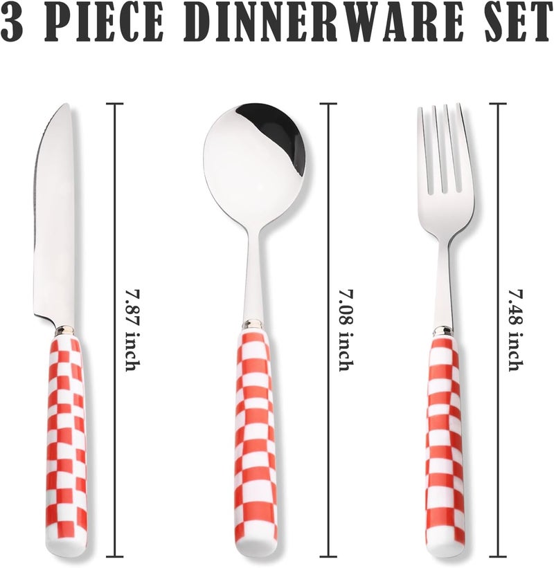 Koythin 3Piece Cutlery Set Stainless Steel Flatware Sets with Red Checkerboard Pattern Ceramic Handle Utensils including Knife Fork Spoon Red - Image 2