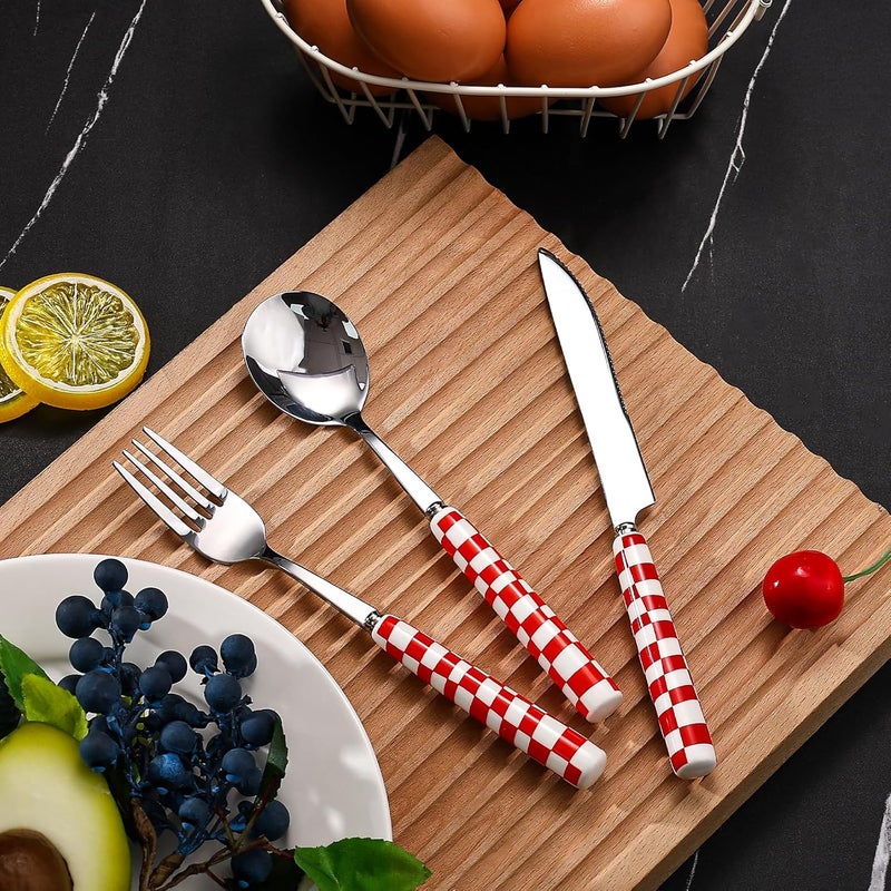 Koythin 3Piece Cutlery Set Stainless Steel Flatware Sets with Red Checkerboard Pattern Ceramic Handle Utensils including Knife Fork Spoon Red - Image 5